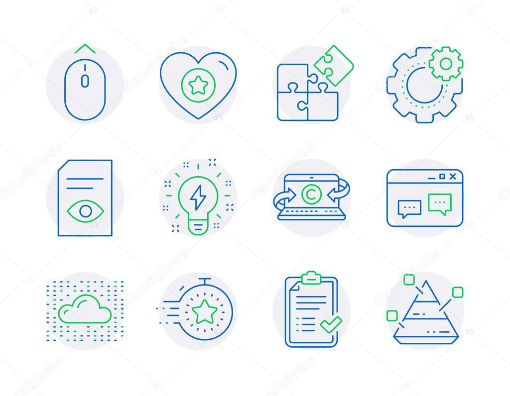 Technology icons set. Included icon as Copywriting notebook, Timer, Approved checklist signs. Heart, Browser window, Puzzle symbols. Swipe up, Cogwheel, Inspiration. Cloud system. Vector