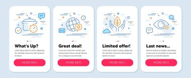 İş ikonları, örneğin kaynama tavası, Dünya tıbbı, adil ticaret sembolleri. Mobil ekran modelleme pankartları. Miyop çizgi simgeleri. Yemek zamanlayıcısı, çevrimiçi tıp, güvenli doğa. Göz görüşü. Vektör