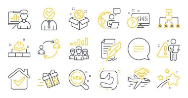 Tüylü imza, inşaat tuğlaları, sunum tahtası sembolleri gibi iş simgeleri. Çevrimiçi sınav, satış, takım çalışması sonuçları. Kullanıcı iletişimi, kısa mesaj gibi. Vektör