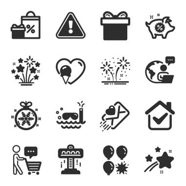 Cazibe, Aşk Mektubu, Alıcı sembolleri gibi bir dizi tatil simgesi. Noel balosu, dondurma, domuz satışı tabelaları. Alışveriş, hediye kutusu, balon dartı. Havai fişekler, dalış. Vektör