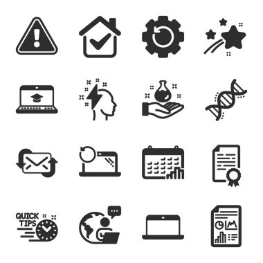 Web sitesi eğitimi, dizüstü bilgisayar, sertifika diploma sembolleri gibi bir dizi eğitim ikonu. Rapor belgesi, kurtarma teçhizatı, kimyasal DNA işaretleri. Kurtarma bilgisayarı, kimya laboratuvarı, beyin fırtınası. Vektör