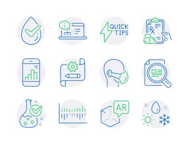 Science icons set. Included icon as Dermatologically tested, Cogwheel blueprint, Medical mask signs. Augmented reality, Quickstart guide, Column diagram symbols. Check article, Graph phone. Vector clipart