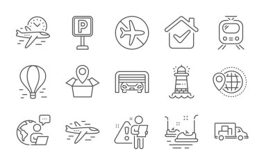 Park yeri, paket konumu ve hava balonu hattı simgeleri ayarlandı. Uçuş süresi, uçak ve çarpışan arabalar. Deniz feneri, tren ve kamyon taşıma sembolleri. Satır simgeleri ayarlandı. Vektör