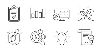 Boya fırçası, başlangıç konsepti ve kimya laboratuarı çizgisi simgeleri hazır. Rapor şeması, rapor istatistikleri ve onaylanmış anlaşma işaretleri. Ampul, Checklist sembolleri. Kaliteli çizgi simgeleri. Vektör
