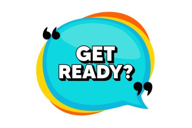 Hazırlanın. Tırnak içinde mavi konuşma balonu pankartı. Özel teklif işareti. Reklam indirimleri sembolü. Düşünce balonu şeklinde. Konuşma balonunu hazırla. Bilgisel düşünce mesajı. Vektör