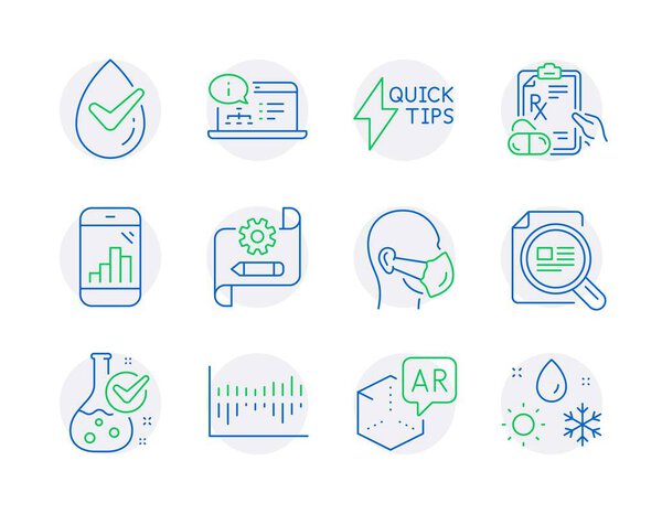 Science icons set. Included icon as Dermatologically tested, Cogwheel blueprint, Medical mask signs. Augmented reality, Quickstart guide, Column diagram symbols. Check article, Graph phone. Vector