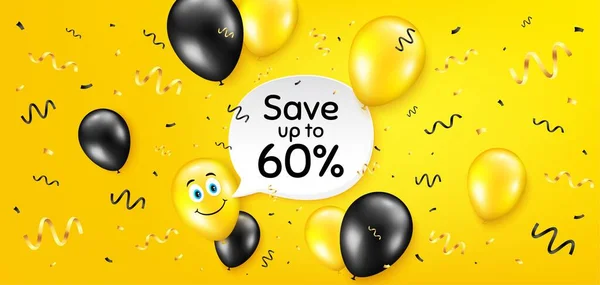最大60 を保存します 気球のコンフェッティベクトルの背景 割引販売の提供価格記号 特別オファーシンボル 誕生日気球の背景 割引メッセージ 黄色のバナーを祝う ベクトル — ストックベクタ