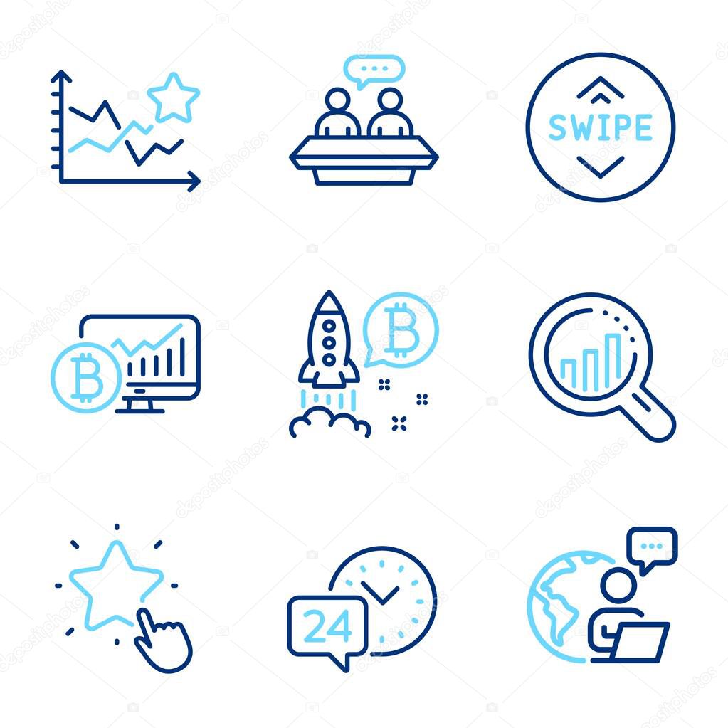 Technology icons set. Included icon as Ranking star, Ranking stars, Bitcoin project signs. Seo analysis, Swipe up, 24h service symbols. Employees talk, Bitcoin chart line icons. Line icons set. Vector