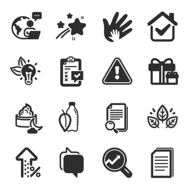 İşletme simgeleri, örneğin yüzde artış, dosyaları kopyalama, analitik semboller. Çevre enerjisi, arama dosyası, sürpriz paket işaretleri. Kontrol listesi, sosyal sorumluluk, Haberci. Gece kremi. Vektör