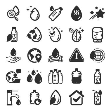 Su damlası ikonları. Bir şişe, antibakteriyel filtre ve musluk suyu ikonları. Bakteri, soğutucu ve şişeyi doldur. Sıvı damlası, antibakteriyel temizleyici ve içecek makinesi, tap. Düz simge seti. Vektör