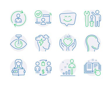 İnsan simgeleri ayarlandı. Kadın Okunduğu Simge, Çevrimiçi Erişim, Kişi Bilgi İşaretleri. Gülümse, Tamirci, işlem sembolleri al. Farkındalık stresi, göz lazeri, kafa. Kalbini tut, Stats. Vektör