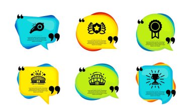 Ödül, Laureate ve Whistle simgeleri basit. Tırnak içinde konuşma balonu. Arena stadyumu, spor arenası ve kupa tabelaları. En iyi madalya, ödül kalkanı, başlama vuruşu. Vektör