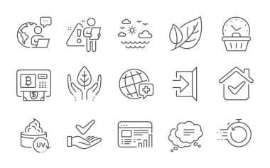 Dünya tıbbı, hızlı iyileşme ve son dakika çizgisi simgeleri hazır. Web raporu, adil ticaret ve deniz işaretleri. Çıkış, kısa mesaj ve ultraviyole koruma sembolleri. Satır simgeleri ayarlandı. Vektör