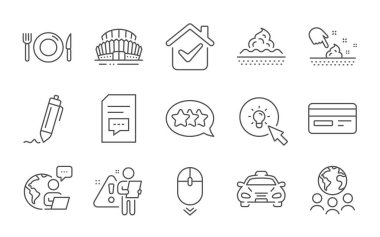 Enerji, cilt nemi ve kredi kartı çizgisi simgeleri ayarlandı. Yorumlar, yemek ve taksi işaretleri. Stars, Scroll ve Global iş sembolleri. İmza, spor stadyumu ve cilt bakımı. Satır simgeleri ayarlandı. Vektör