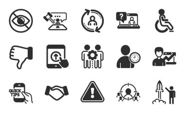 Faq, bakmamak ve el simgelerinden hoşlanmamak basit bir set. Başarı işi, iş hedefleme ve tabela asma. Kullanıcı bilgileri, çalışanlar takım çalışması ve başlatma projesi sembolleri. Düz simgeler ayarlandı. Vektör