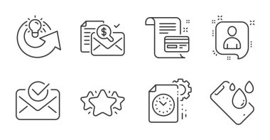 Ödeme kartı, akıllı telefon su geçirmez ve yıldız çizgisi simgeleri hazır. Proje bitiş tarihi, Muhasebe raporu ve Geliştiriciler sohbet işaretleri. Onaylanmış posta, fikir simgeleri. Kaliteli çizgi simgeleri. Vektör