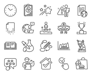 Eğitim simgeleri ayarlandı. İkon olarak paylaşım ekonomisi, kazanan podyum, kimya deney işaretleri. Mikroskop, internet belgesi, Infographic grafik sembolleri. Anahtar sözcükler, iş podyumu, zaman. Vektör