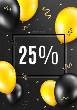 % 25 indirimli. Balon geçmişini kutlayın. İndirimli fiyat tabelası. Özel teklif sembolü. Doğum günü balonu geçmişi. Siyah bayrağı kutlayın. Parti çerçevesi mesajı. Vektör