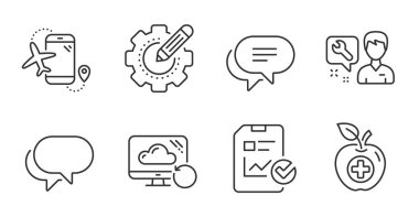 Rapor listesi, Kurtarma Bulutu ve Tamir Hattı simgeleri hazır. Ayarlar, tıbbi yiyecekler ve konuşma baloncukları. Metin mesajı, Uçuşlar uygulama sembolleri. Kaliteli çizgi simgeleri. Vektör