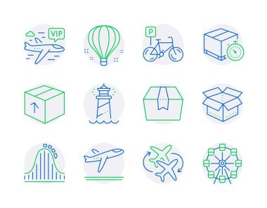 Ulaşım simgeleri ayarlandı. Paket olarak simge, paket kutusu, Vip uçuş işaretleri dahil. Deniz feneri, lunapark treni, açık kutu sembolleri. Teslimat zamanlayıcısı, Bağlantı uçağı, kalkış uçağı. Vektör