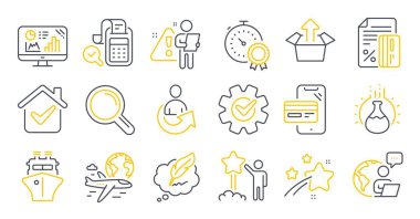 Bill muhasebe, çark, Paylaşım sembolleri gibi bir dizi teknoloji simgesi. Araştırma, online alışveriş, gemi işaretleri. Yıldız, Analitik Grafik, Uluslararası uçuş. Kredi kartı, en iyi sonuç. Vektör