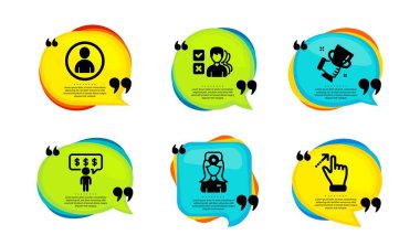 Gözcü doktor, Kazanan Kupa ve Avatar simgeleri basit set. Tırnak içinde konuşma balonu. Personel yardımları, görüş ve dokunmatik ekran jest işaretleri. Optometrist, en iyi ödül, kullanıcı profili. Vektör