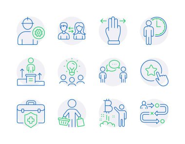 İnsan simgeleri ayarlandı. Halk iletişimi, Mühendis, İş Fikir İşaretleri gibi simgeleri de içeriyor. Bekleme, sağlık sigortası, birden fazla hareket sembolü. Alıcı, danışmanlık işi, sadakat yıldızı. Vektör