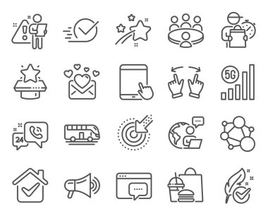 İş simgeleri ayarlandı. 5g wifi, hipoalerjenik testler, megafon işaretleri gibi ikonlar da dahil. Tablet bilgisayar, hedefleme, 24 saat hizmet sembolleri. Buluşma, Dürüstlük, Şah Kutusu. Hareket hareketi, otobüs turu. Vektör