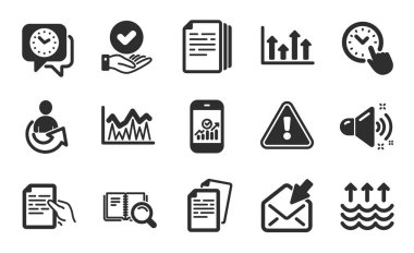Zaman yönetimi, Yatırım ve Belgeler simgeleri basit ayarlar. Akıllı telefon istatistikleri, Paylaş ve Gürültülü ses işaretleri. Üst oklar, belgeleri kopyala ve belge sembollerini tut. Düz simgeler ayarlandı. Vektör