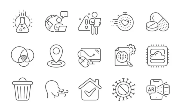 Poubelle Emplacement Respiration Exercice Ligne Icônes Ensemble Coronavirus Cloud Computing — Image vectorielle