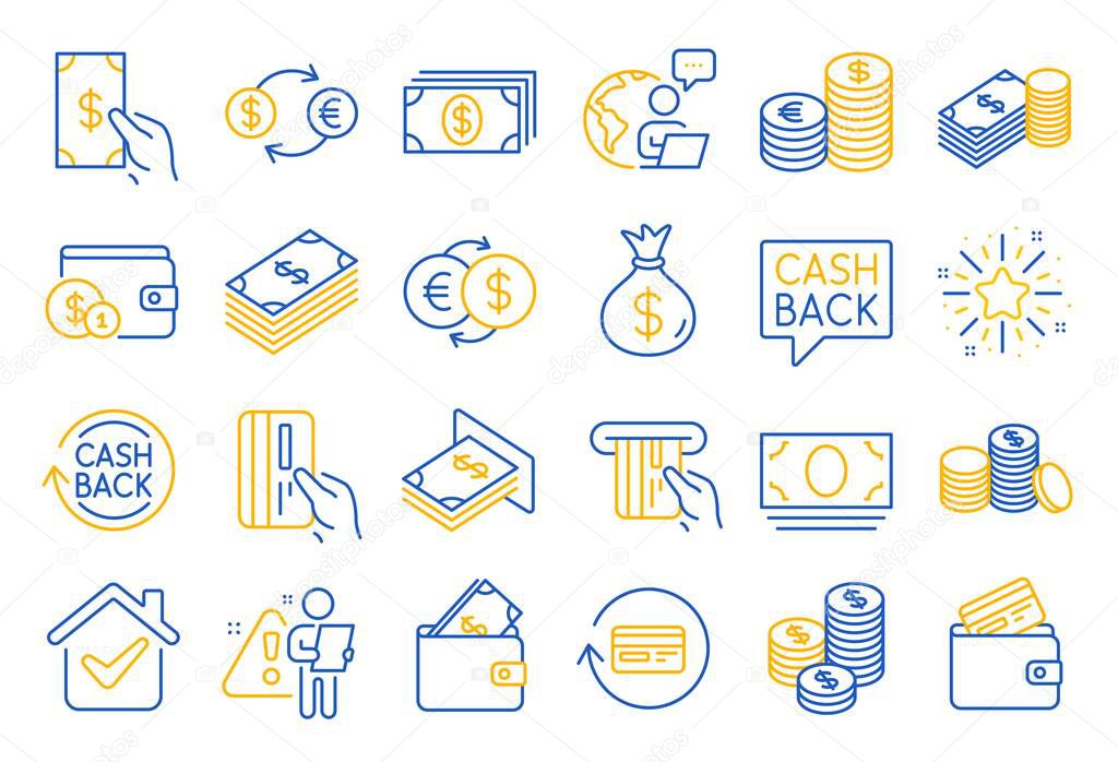 Money line icons. Set of Banking, Wallet and Coins icons. Credit card, Currency exchange and Cashback money service. Euro and Dollar, Cash wallet, exchange. Banking credit card, atm payment. Vector