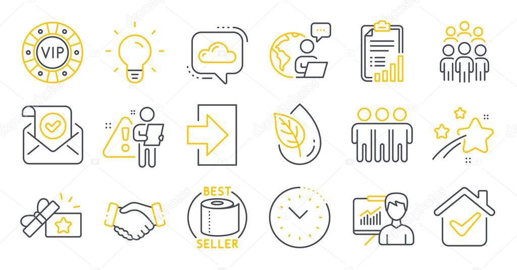Set of Business icons, such as Loyalty gift, Presentation, Vip chip symbols. Cloud communication, Checklist, Confirmed mail signs. Time management, Login, Toilet paper. Group people. Vector