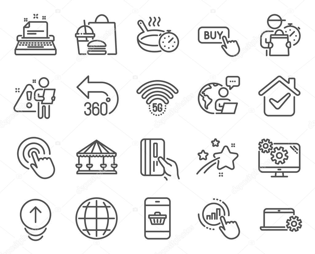Technology icons set. Included icon as Buy button, Swipe up, Settings signs. Click, Carousels, Notebook service symbols. 360 degrees, 5g wifi, Frying pan. Smartphone buying, Globe. Vector