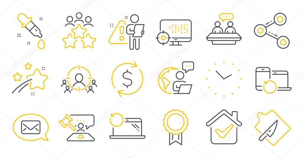 Set of Business icons, such as Time, Chemistry pipette, Business meeting symbols. Judge hammer, Share, Recovery laptop signs. Reward, Business targeting, Recovery devices. Seo, Messenger. Vector