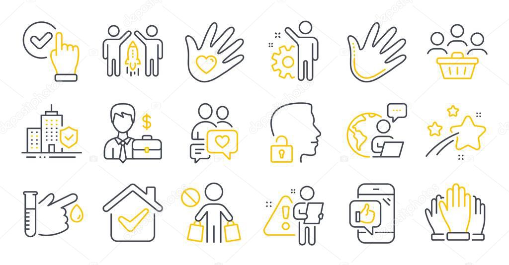 Set of People icons, such as Apartment insurance, Hand, Social responsibility symbols. Checkbox, Blood donation, Employee signs. Businessman case, Stop shopping, Dating chat. Vote, Buyers. Vector