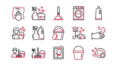 Temizlik çizgisi simgeleri. Çamaşır, pencere süngeri ve elektrikli süpürge. Çamaşır makinesi doğrusal simge seti. Doğrusal küme. Kalite ayarlandı. Vektör