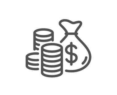 Bozuk para torbası ikonu. Nakit para işareti. Gelir tasarrufu sembolü. Kalite tasarım elemanı. Doğrusal sikkeler çanta simgesi. Düzenlenebilir felç. Vektör