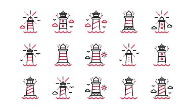 Deniz feneri çizgisi simgeleri. Denizci gemilerinin seyrüsefer için martıları olan arama ışığı kulesi. Deniz fareleri, deniz feneri ya da fener ikonları. Doğrusal küme. Doğrusal küme. Kalite ayarlandı. Vektör