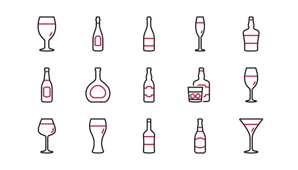 Iconos Línea Botellas Bebidas Cerveza Copa Vino Botella Whisky Set — Archivo Imágenes Vectoriales