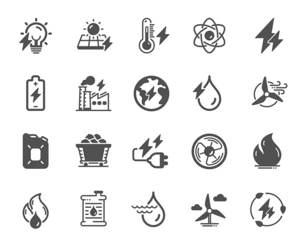 Energietypes Eenvoudige Pictogrammen Kolenwagen Zonnepanelen Hydro Elektrische Iconen Duurzame Elektriciteit — Stockvector