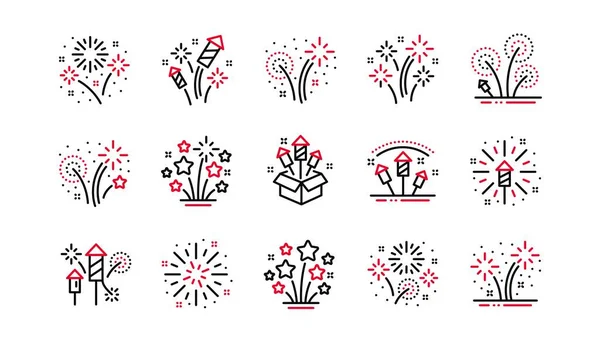 Juego Iconos Línea Saludo Fuegos Artificiales Celebración Del Carnaval Luces — Vector de stock