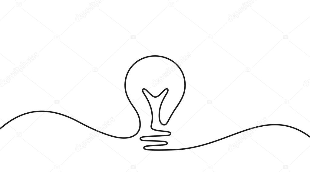 Continuous line idea icon. One light bulb silhouette. Electric lightbulb icon on white background. Idea doodle sketch with continuous line. Handdrawn electric light bulb. Lamp silhouette. Vector