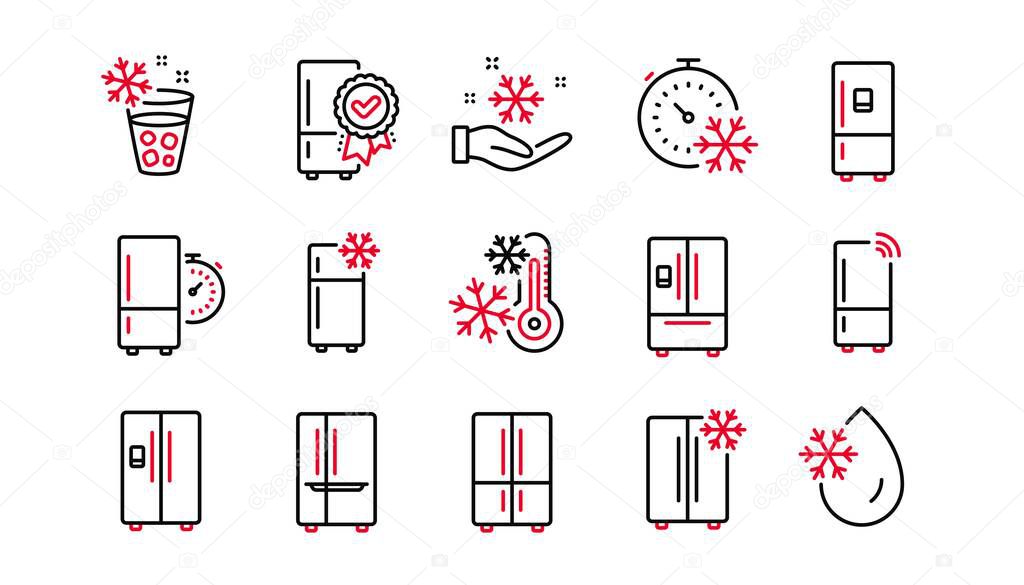 Fridge line icons set. Refrigerator, freezer storage, smart fridge machine. Cooler box, water with ice, thermometer icons. Wi-fi remote access, thermostat timer, smart freezer. Linear set. Vector