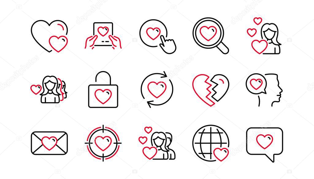 Love line icons. Heart, Valentines day and Relationships. Romantic linear icon set. Linear set. Quality line set. Vector