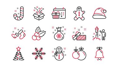 Noel çizgisi simgeleri. Noel Baba şapkası, Kar Tanesi ve Hediye kutusu. Yeni yıl doğrusal simge seti. Doğrusal küme. Kalite ayarlandı. Vektör