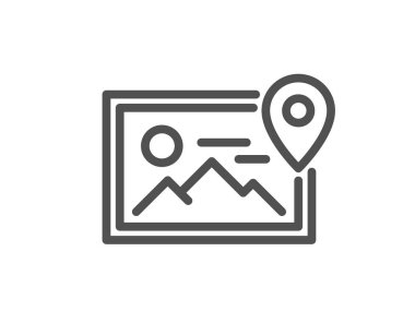 Fotoğraf konum çizgisi simgesi. Resim küçük resim işareti. Resim tutucu sembolü. Kalite tasarım elemanı. Doğrusal fotoğraf konumu simgesi. Düzenlenebilir felç. Vektör