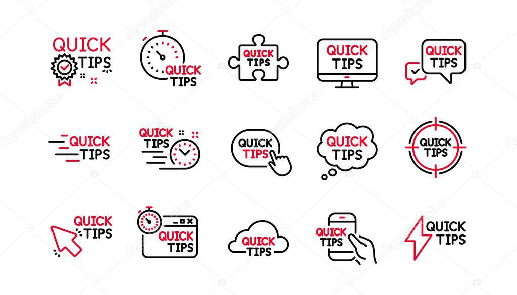 Quick tips line icons. Helpful tricks, Solution and Quickstart guide. Tutorial linear icon set. Linear set. Quality line set. Vector