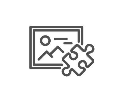 Bulmaca resim çizgisi simgesi. Üzerinde fotoğraf işareti olan bir yapboz parçası. İş meydan okuma sembolü. Kalite tasarım elemanı. Doğrusal biçim yapboz resim simgesi. Düzenlenebilir felç. Vektör