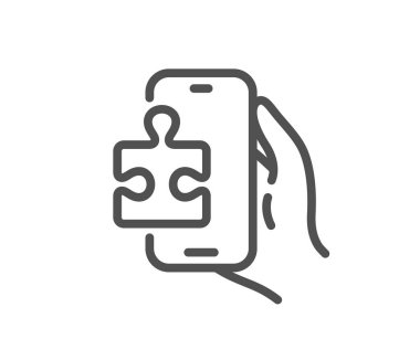 Bulmaca oyun çizgisi simgesi. Telefon işaretli bir yapboz parçası. İş meydan okuma sembolü. Kalite tasarım elemanı. Doğrusal stil yapboz oyunu simgesi. Düzenlenebilir felç. Vektör