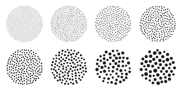 Dotwork stipple circles brush set. Stain noise vector pattern. Black grain effect with stipple dots. Abstract grunge dots pattern. Stochastic dotted texture. Vector dotwork brush for background.